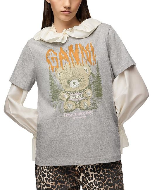 Ganni Gray Basic Cotton Relaxed Logo Graphic Tee