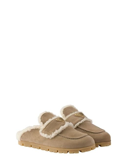 Prada Natural Suede And Shearling Mules