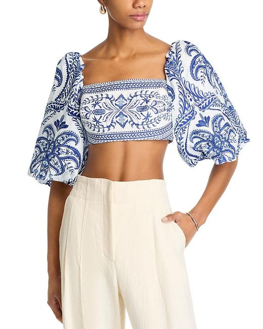 Farm Rio Blue Linen Balloon Sleeve Cropped Top