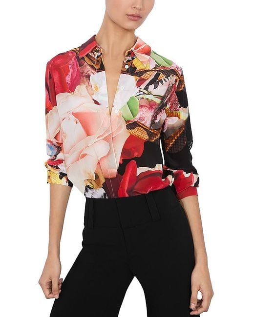 Alice + Olivia Red Willa Floral Silk Top