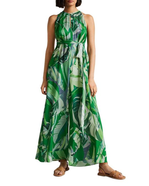 Ted Baker Synthetic Ismey Printed Halter Jumpsuit in Green Lyst