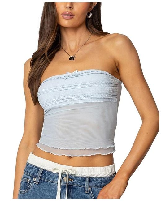 Edikted Blue Rori Ruffle Knit Sheer Mesh Top