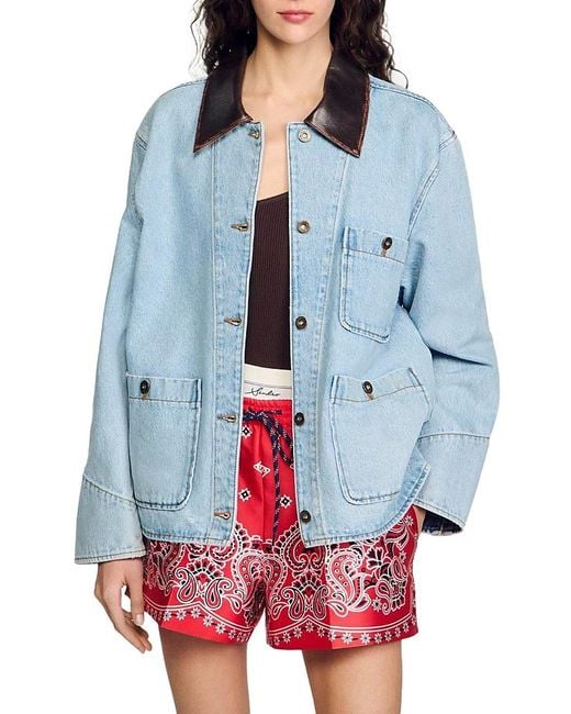 Sandro Blue Leather Collar Denim Jacket