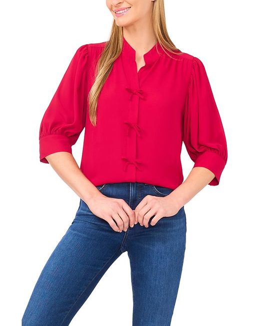 Cece Red Puff Sleeve Bow Placket Blouse