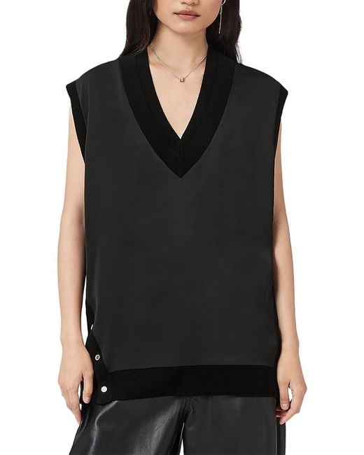 AllSaints Black Bern Side Snap Top
