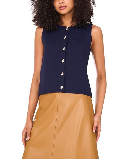 Vince Camuto Blue Sleeveless Button Up Crewneck Top