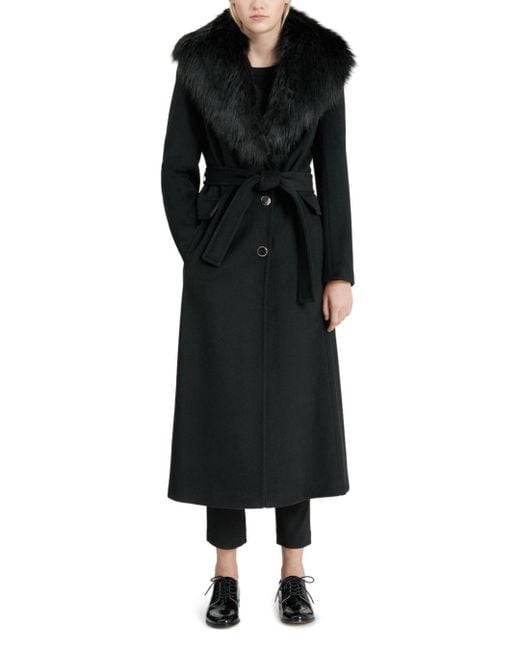 Calvin Klein Faux Fur Trim Wrap Coat in Black | Lyst