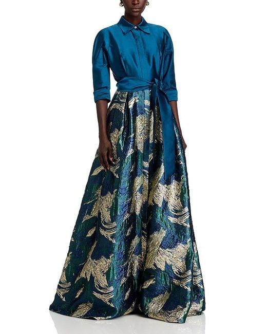 Teri Jon Blue Taffeta Jacquard Shirt Gown