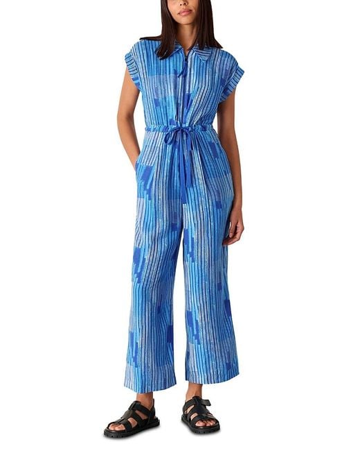 Whistles Blue Stripe Print Zip Front Jumpsuit