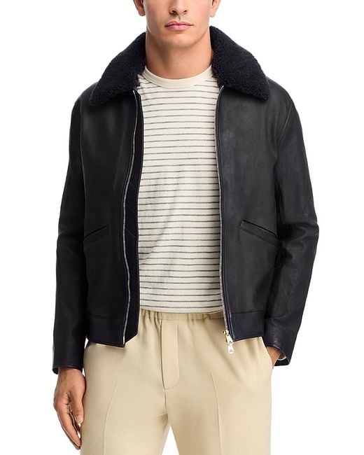 Paul Smith Black Shearling Collar Leather Jacket for men