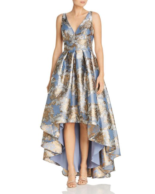 Eliza J Floral Print Brocade V-neck Hi-low Gown in Blue | Lyst