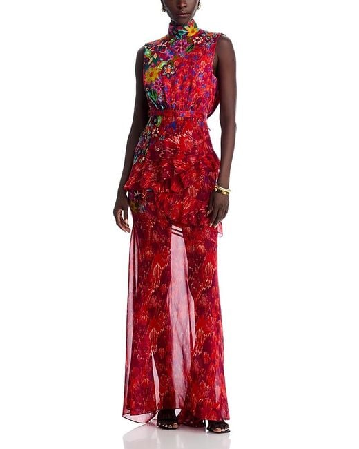 Saloni Women's Red Fleur Silk Maxi Dress
