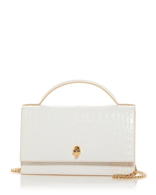 Alexander McQueen White Skull Croc Embossed Leather Shoulder Bag