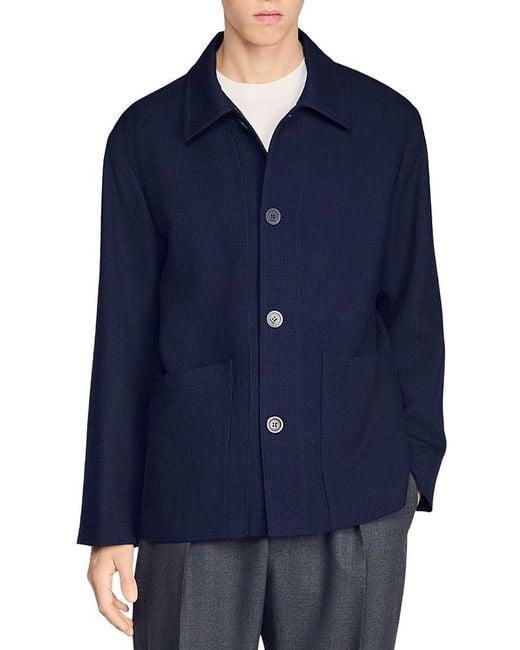 Sandro Blue Henry Buttoned Wool Worker Jacket for men