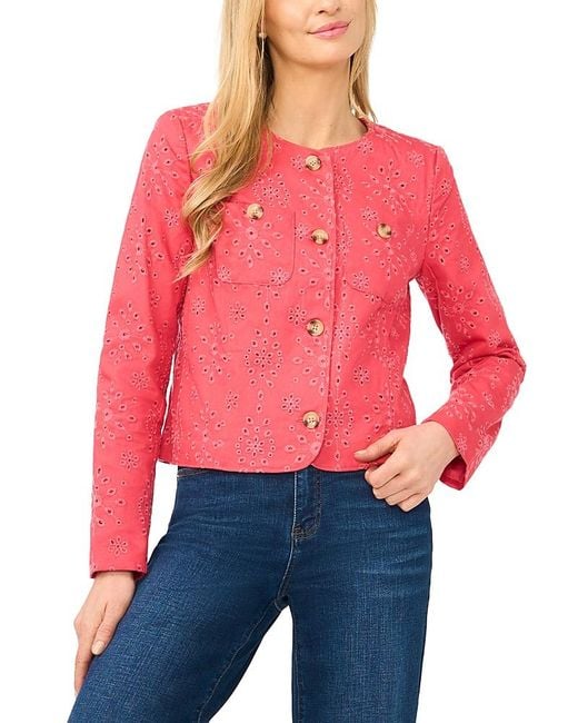 Cece Red Collarless Eyelet Jacket