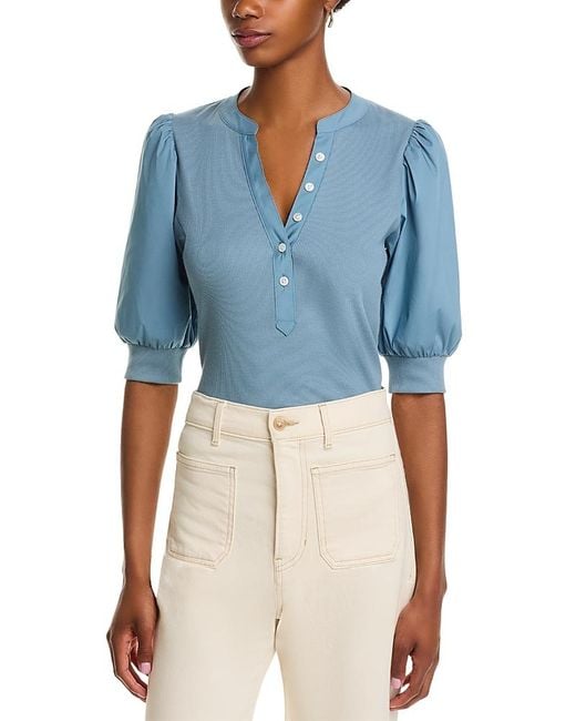 Veronica Beard Blue Coralee Mixed Media Puff Sleeve Top