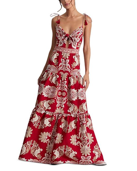 chinese dress ladies Alice + Olivia Off the Shoulder Maxi Dress Pansy Red Embroidered Cotto   Celebrity Owned