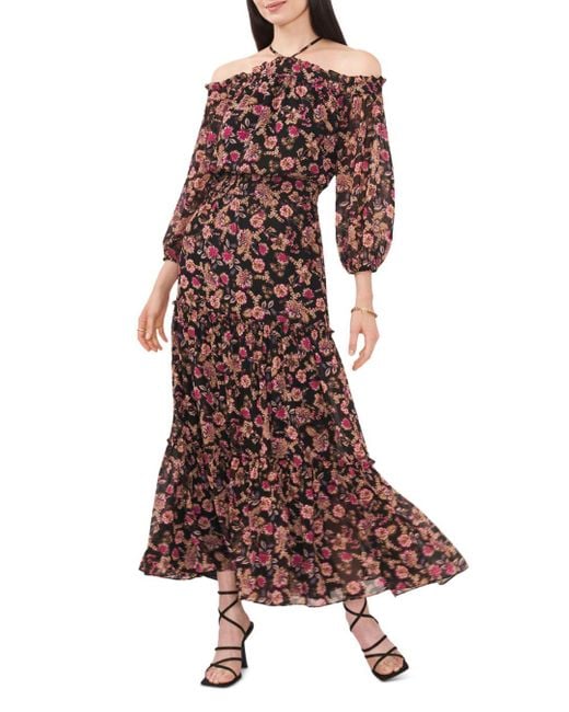 1 state tie neck long sleeve tiered maxi dress