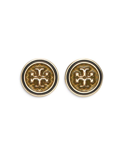 Tory Burch Kira Logo Guilloche Circle Stud Earrings in Gold/Blue ...