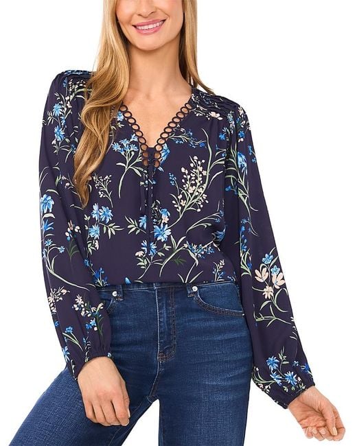 Cece Blue Pleated Shoulder Ring Trim Top