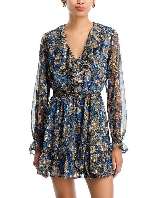 Aqua Blue Metallic Ruffle Trim Boho Dress