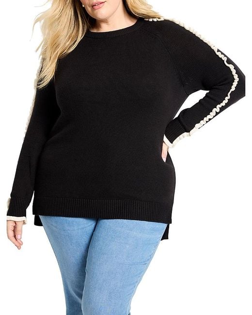 NIC+ZOE Black Ruffled Down Round Neck Sweater