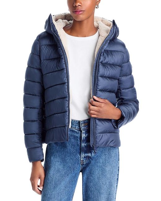 Save The Duck Blue Gretel Faux Shearling Hooded Puffer Jacket