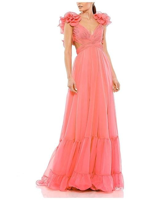 Mac Duggal Pink Ruffle Tiered Cut-Out Chiffon Gown