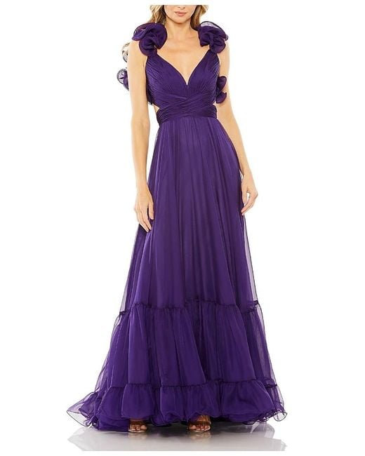 Mac Duggal Purple Ruffle Tiered Cut-Out Chiffon Gown