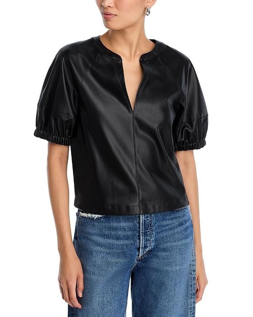 Steve Madden Black Roxanne Faux Leather Split Neck Top