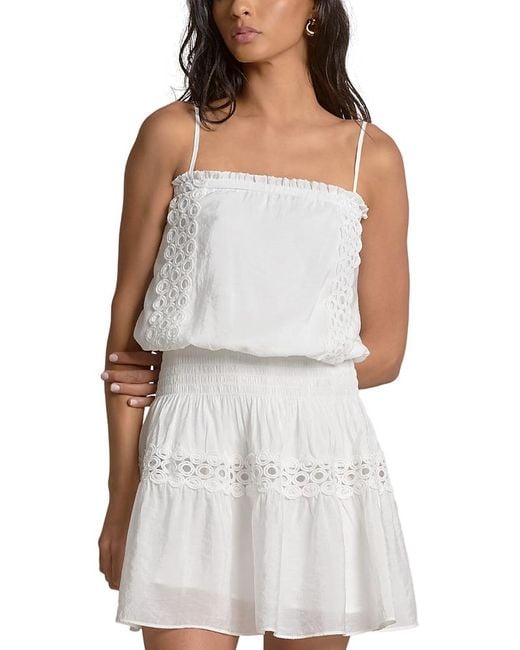 Elan Women's White Embroidered Smocked Waist Swim Cover Up Dress
