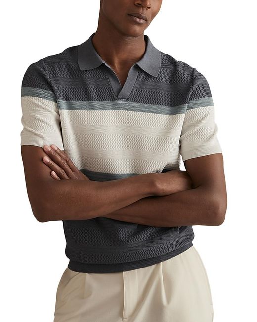 Reiss Gray Jefferson Open Collar Color Blocked Textured Knitted Polo Shirt for men