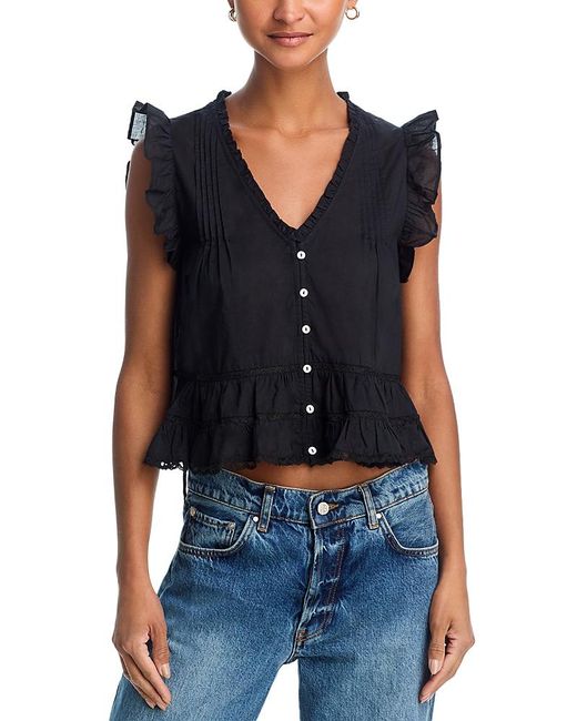 Aqua Black Ruffle Button Front Crop Top