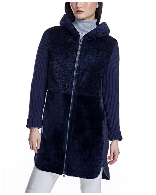Maximilian Blue Hooded Shearling Coat With Knit Trim