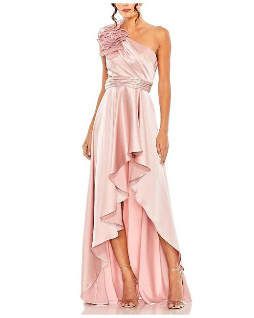 Mac Duggal Pink Ruffled One Shoulder Cut Out Hi-Low Gown