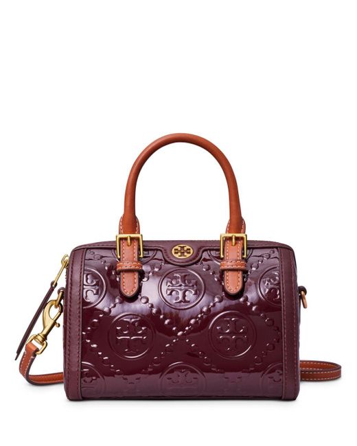 Tory Burch T Monogram Patent Leather Embossed Mini Barrel Bag in Purple