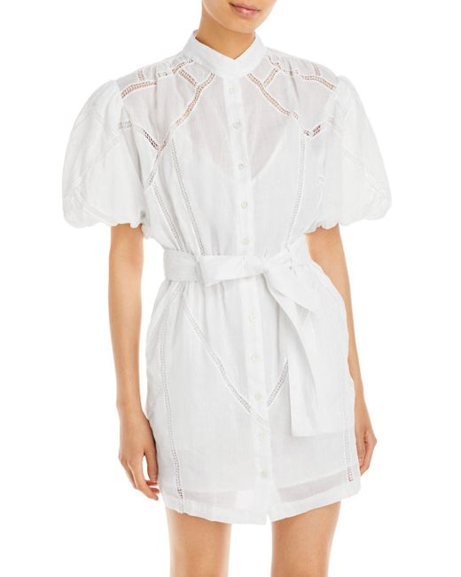 FRAME Lace Inset Puff Sleeve Dress in White | Lyst Canada