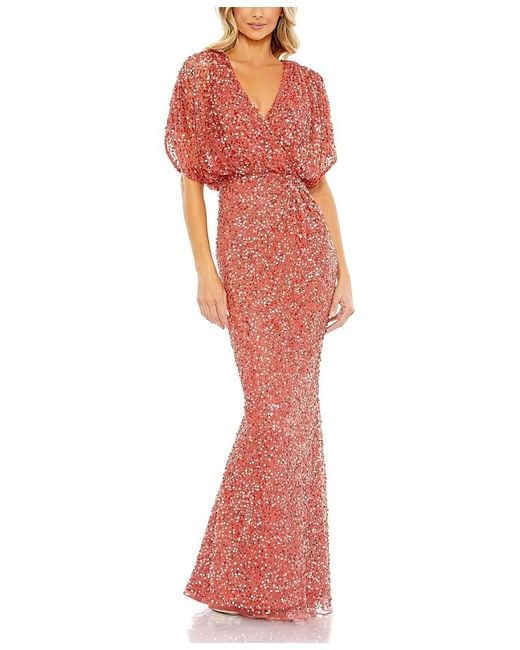 Mac Duggal Women's Red Draped Sleeves Ruched Waist Detail V-Neck Gown