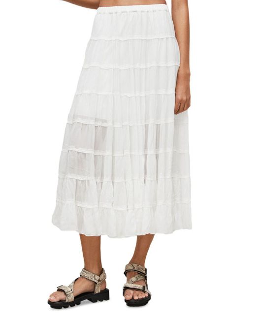 AllSaints Cotton Eva Tiered Midi Skirt in Chalk White (White) | Lyst Canada