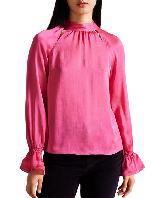 Ted Baker Joanha Mock Neck Cutout Blouse in Pink | Lyst