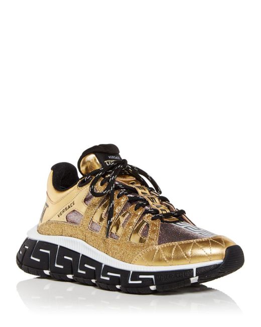 Versace Leather Trigreca Glitter Embellished Low Top Sneakers | Lyst