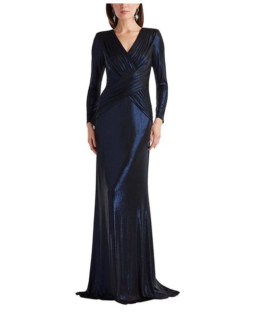 Tadashi Shoji Blue Esau Metallic Crisscross Draped Gown