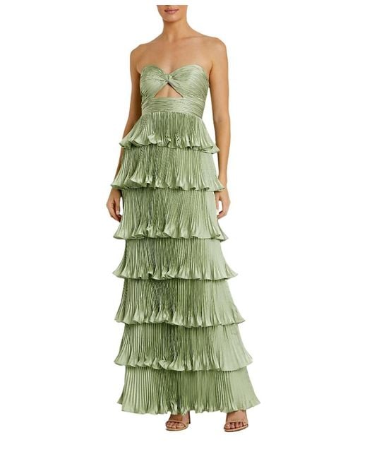 Mac Duggal Women's Green Pleated Charmeuse Strapless Tiered Ruffle Gown