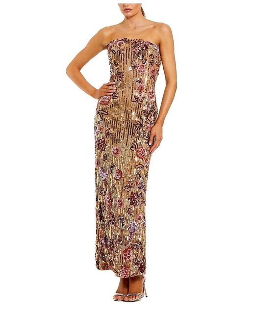 Mac Duggal Floral Sequin Mesh Strapless Column Ankle Dress in Brown | Lyst