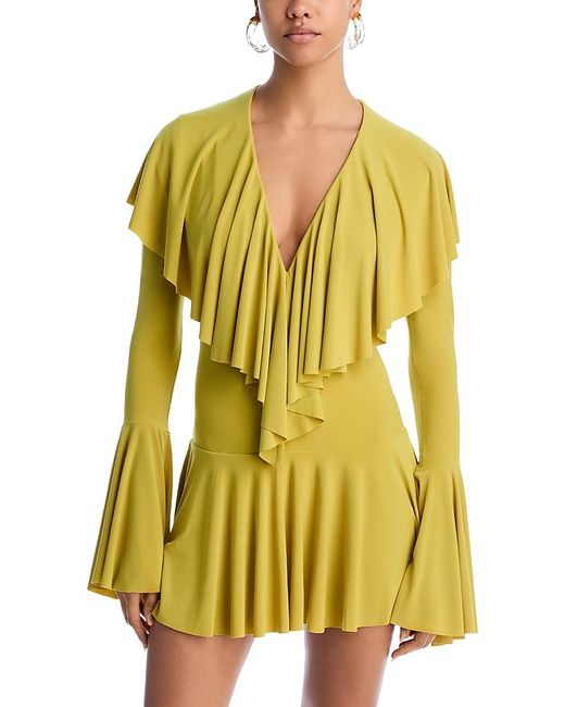 Norma Kamali Long Sleeve Deep V Ruffle Mini Dress in Yellow | Lyst