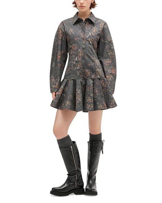 Ganni Gray Floral Shirt Dress
