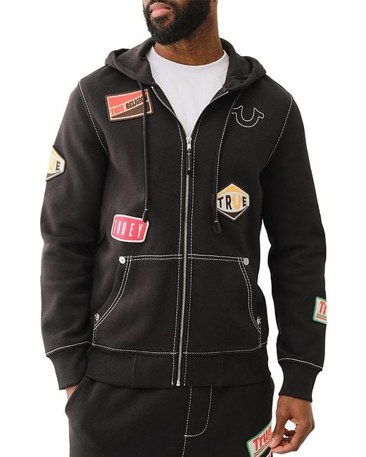 True Religion Black Regular Fit Patch Zip Hoodie for men