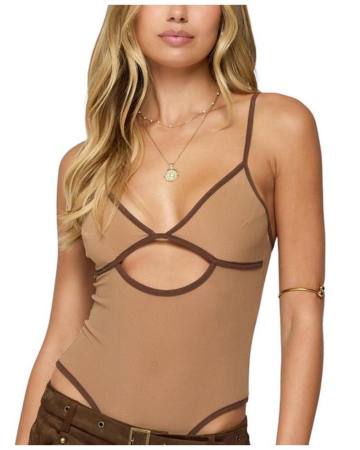 Edikted Brown Contrast Sheer Mesh Cut Out Bodysuit