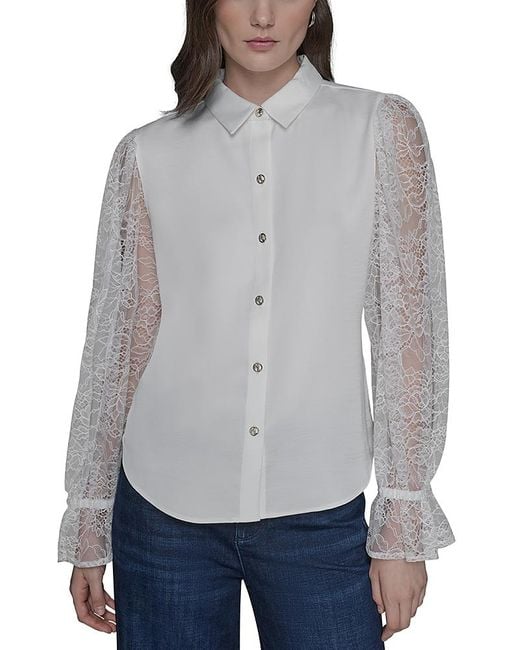 Karl Lagerfeld Gray Lace Sleeve Button Up Blouse