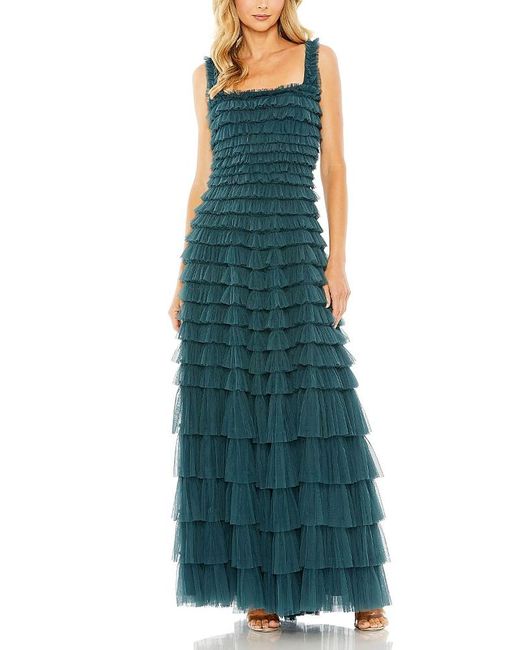 Mac Duggal Women's Green Textured Mesh Square Neckline Allover Ruffle Gown